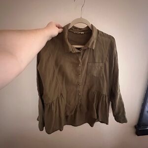 Linen Olive Green ruffle Button-Up Top